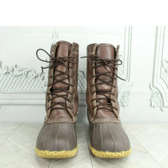 LL Bean Brown Leather Lace Up Shearling Lined Mid Calf Duck Boots Size 7 M - Picture 3 of 9